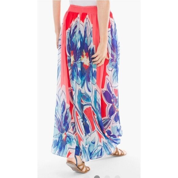 Chicos Tropical Floral Flowy Maxi Skirt Size 1/M  Elastic waist Vibrant Red Blue - Picture 2 of 9